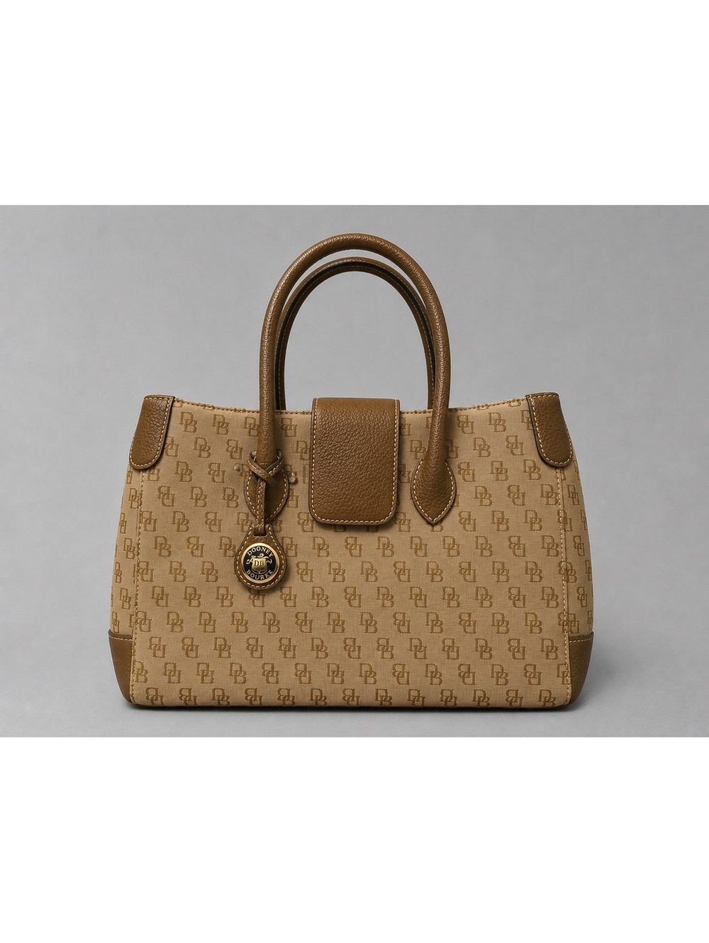 Dooney & Bourke DB Monogram Canvas & Leather Tote Handbag Brown Tan Purse